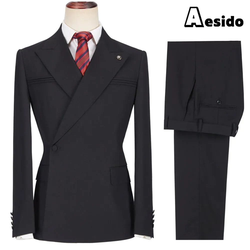 2 Pieces Business Mens Suit Slim Fit Peak Lapel Flat Blazer For Wedding (Blazer   Pants)