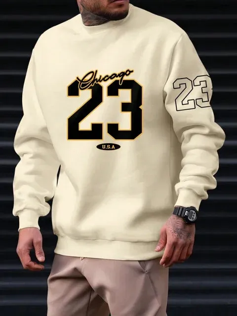 23 USA Art Letter Design Man Clothes Street Style Fleece Sweatshirts Autumn Casual Hoodies Fashionable Crewneck Pullovers