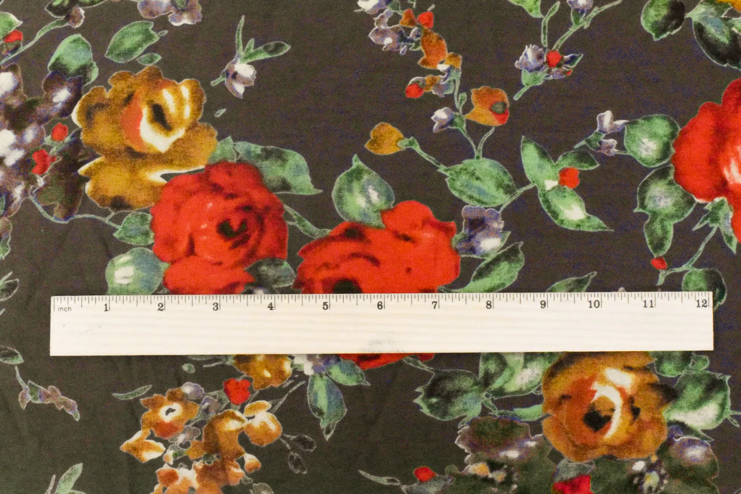 4 YD PC-Mud Brown-Green-Multi Floral Printed Poly-Cotton Shirting Woven Fabric