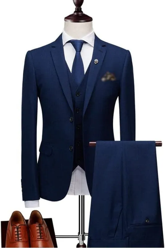 Alex Formal Navy Blue Three-Piece Notched Lapel Business Suit