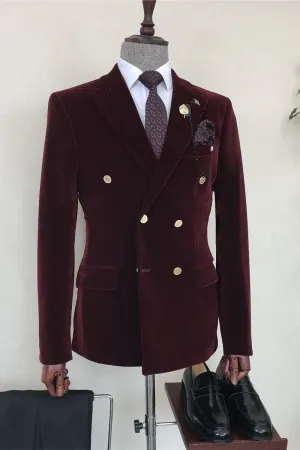 Alvin Burgundy Velvet Double Breasted Stylish Formal Suit with Black Trousers