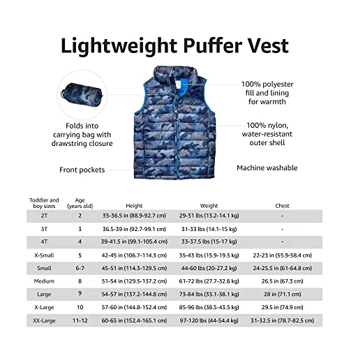 Amazon Essentials Boys' Lightweight Water-Resistant Packable Puffer Vest, Blue Camo, Small