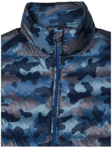 Amazon Essentials Boys' Lightweight Water-Resistant Packable Puffer Vest, Blue Camo, Small