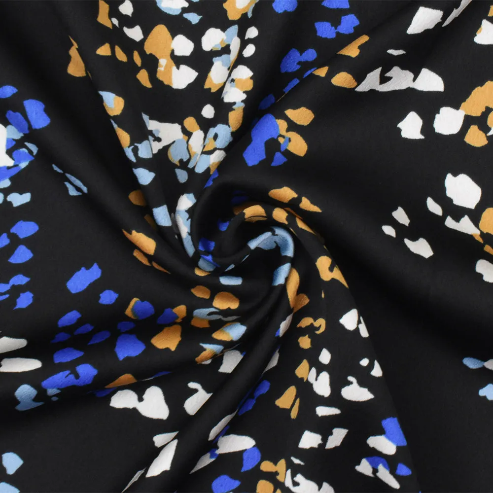 Black-Blue-Multi Abstract Printed Stretch Poly Spandex Satin Woven Fabric