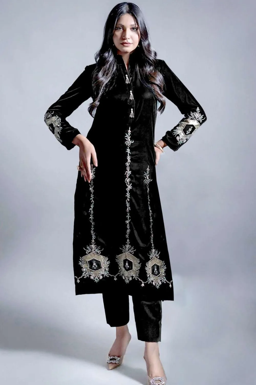 Black Color Winter Velvet Stitched Suit ( Kurti With Pant )