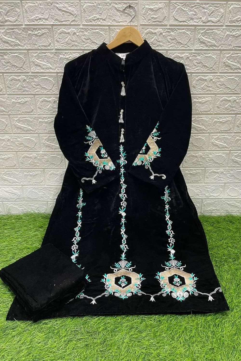 Black Color Winter Velvet Stitched Suit ( Kurti With Pant )