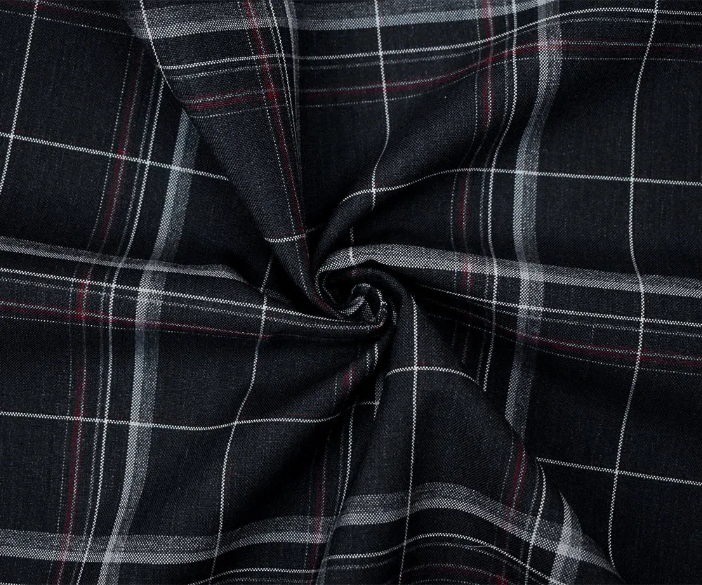 Black-Red-Gray Poly-Wool Plaid Shirting Woven Fabric