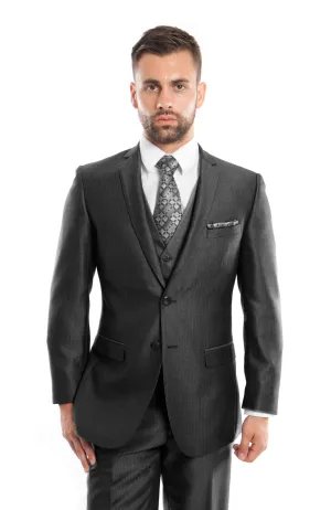 Black Textured Pattern 3-PC Slim Fit Performance Stretch Suits