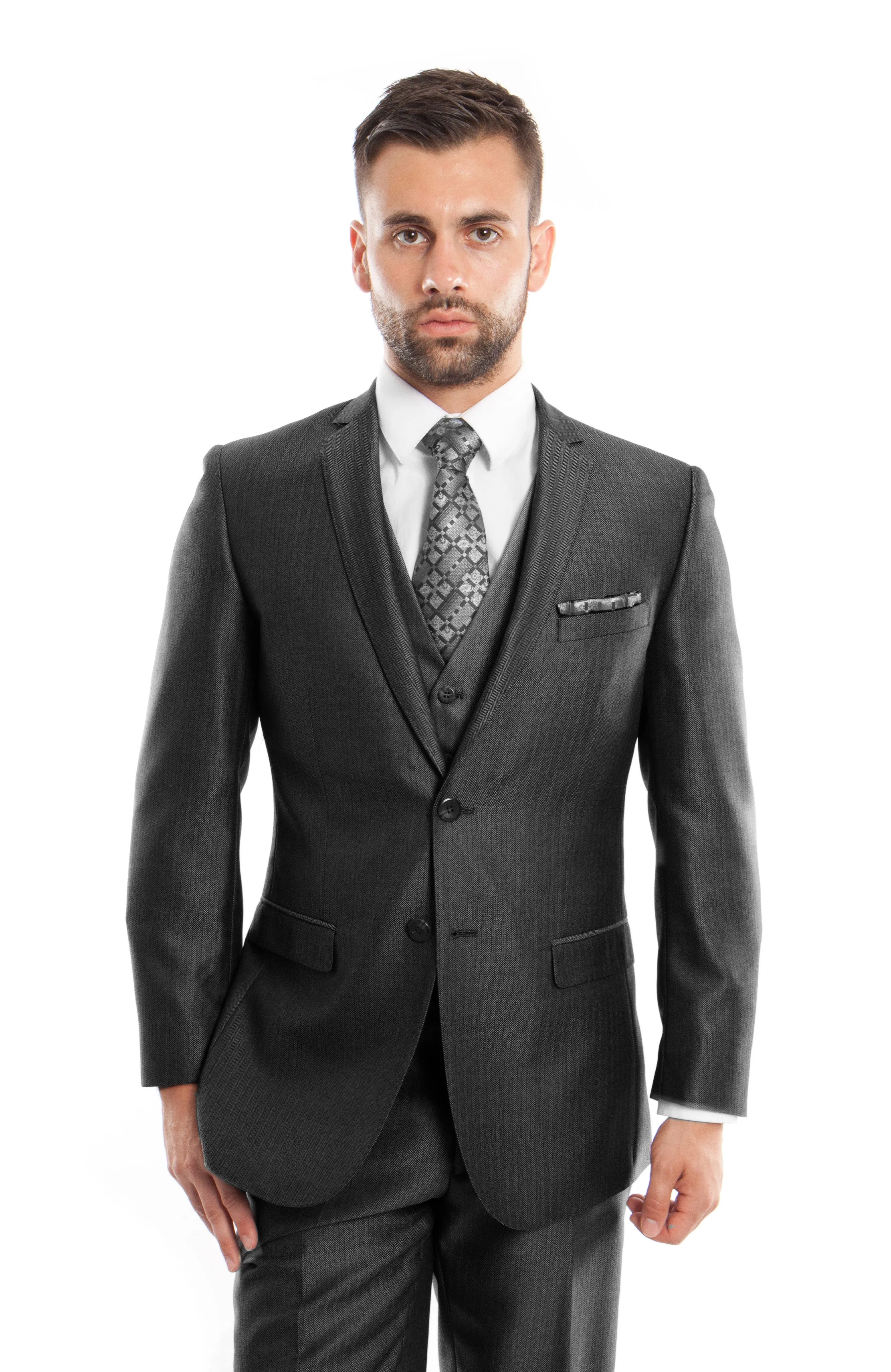 Black Textured Pattern 3-PC Slim Fit Performance Stretch Suits