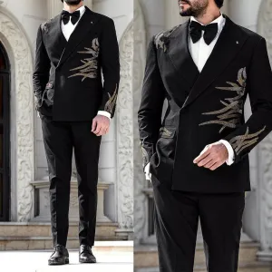 Bonsir Black Handsome Business Men Suits With Beads Handmade Two Pieces Jacket Pants Custom Made Designer Wedding Formal Occasion