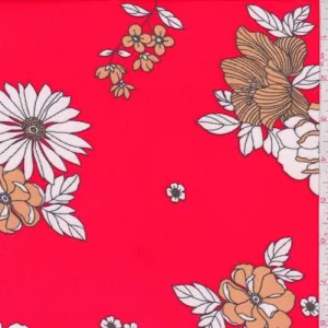 Bright Red Floral Double Brushed Jersey Knit Fabric