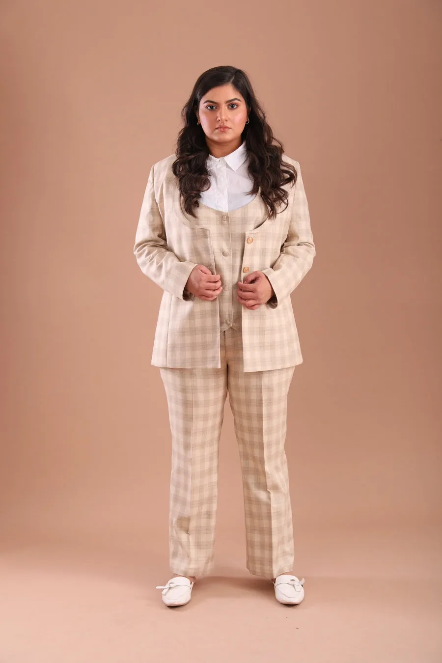 Checkered Beige Three Piece Suit for Women