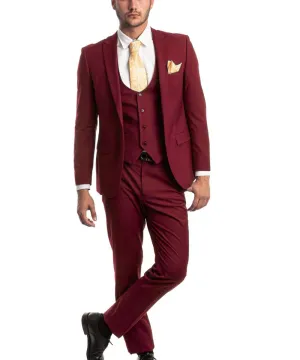 Cherry Red Slim Fit Men's Suit with Vest Set