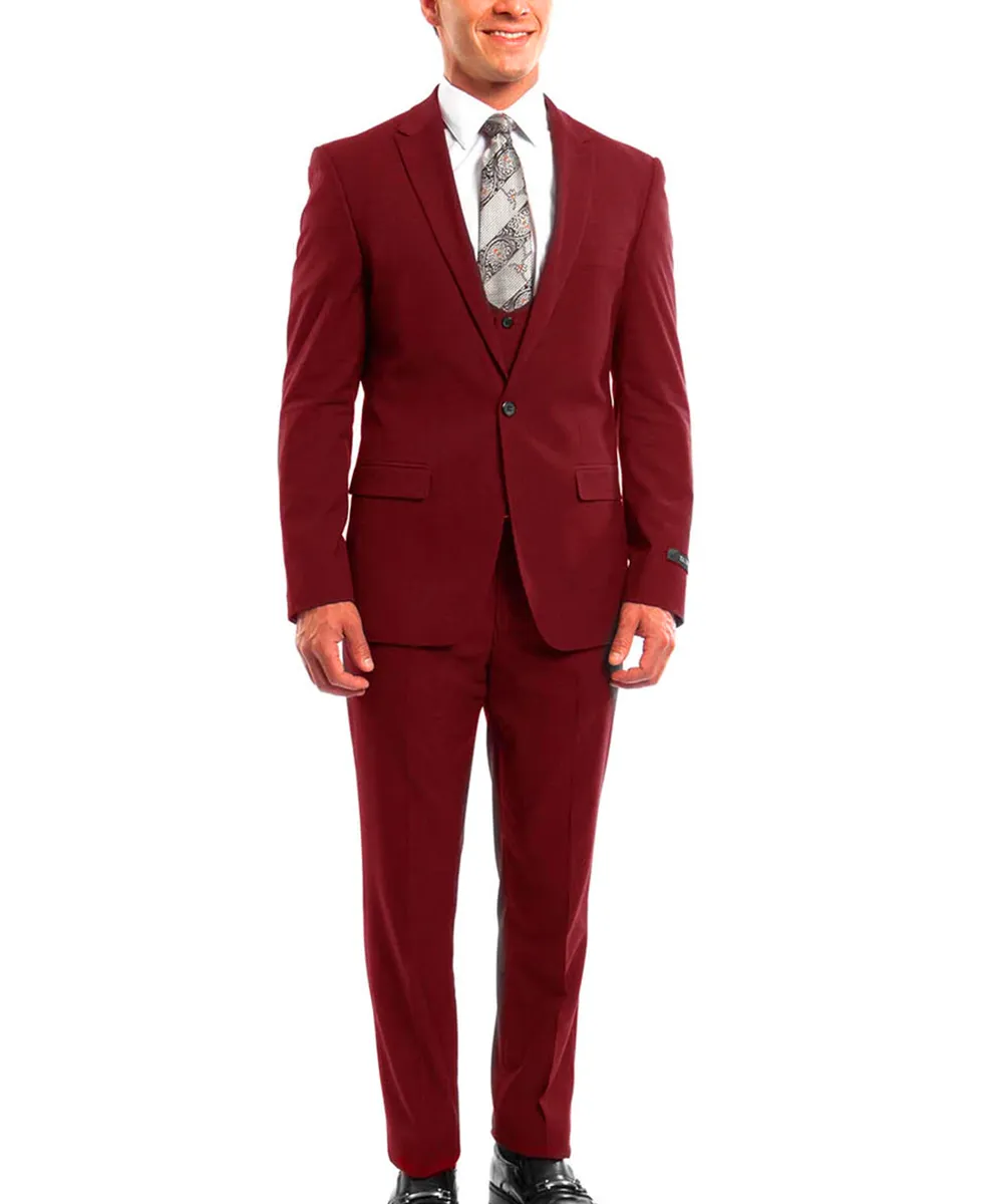 Cherry Red Slim Fit Men's Suit with Vest Set