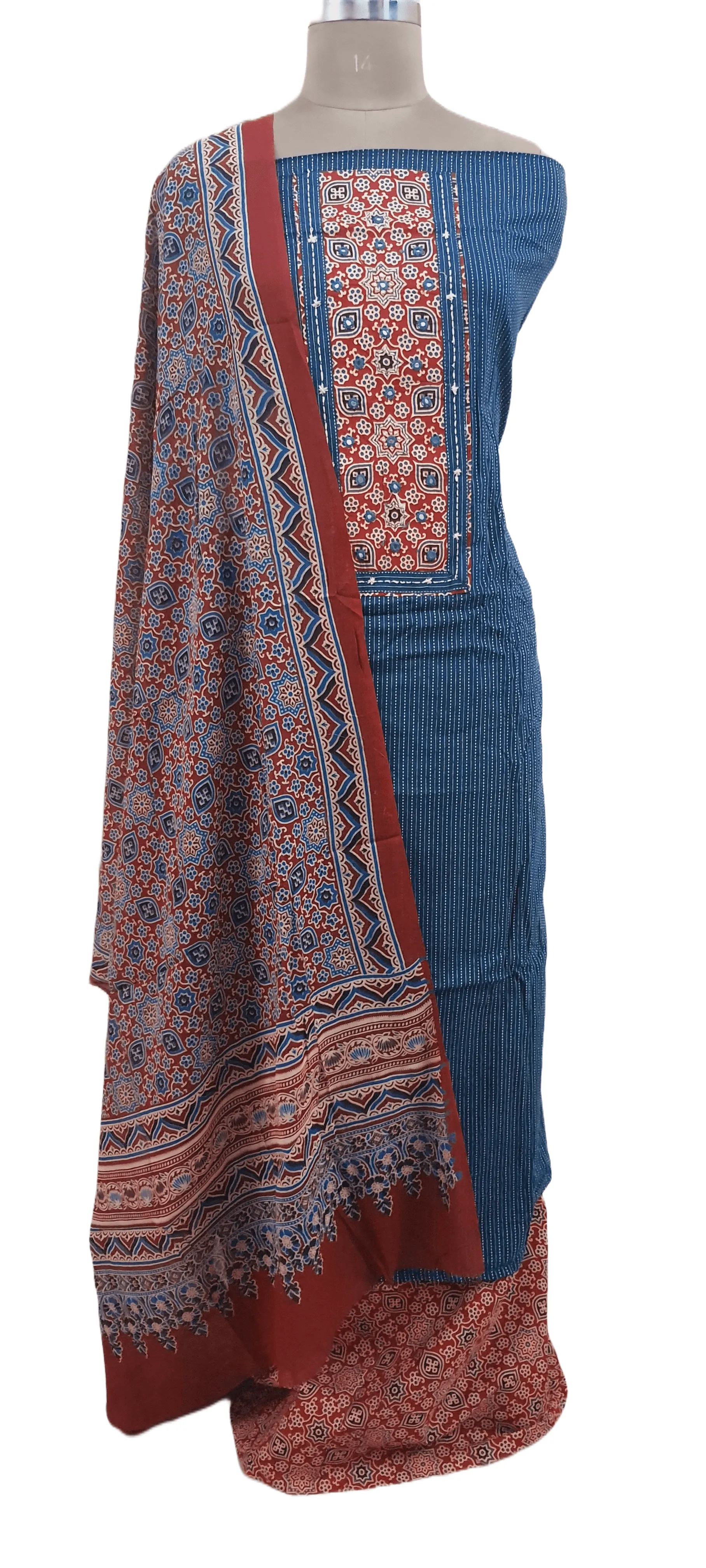 Cotton Kantha Kurta with Ajrakh Dupatta Suit EV22