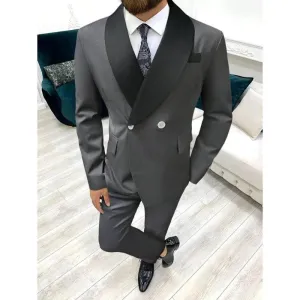 Dark Grey Men's Suits Black Shawl Lapel Double