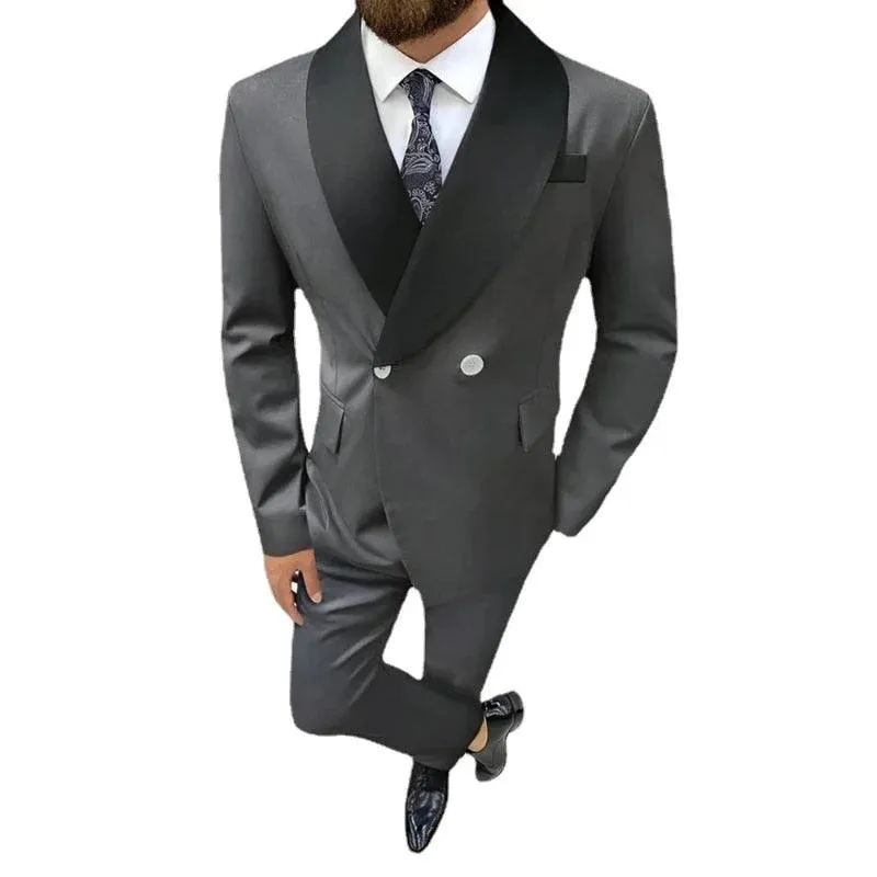 Dark Grey Men's Suits Black Shawl Lapel Double