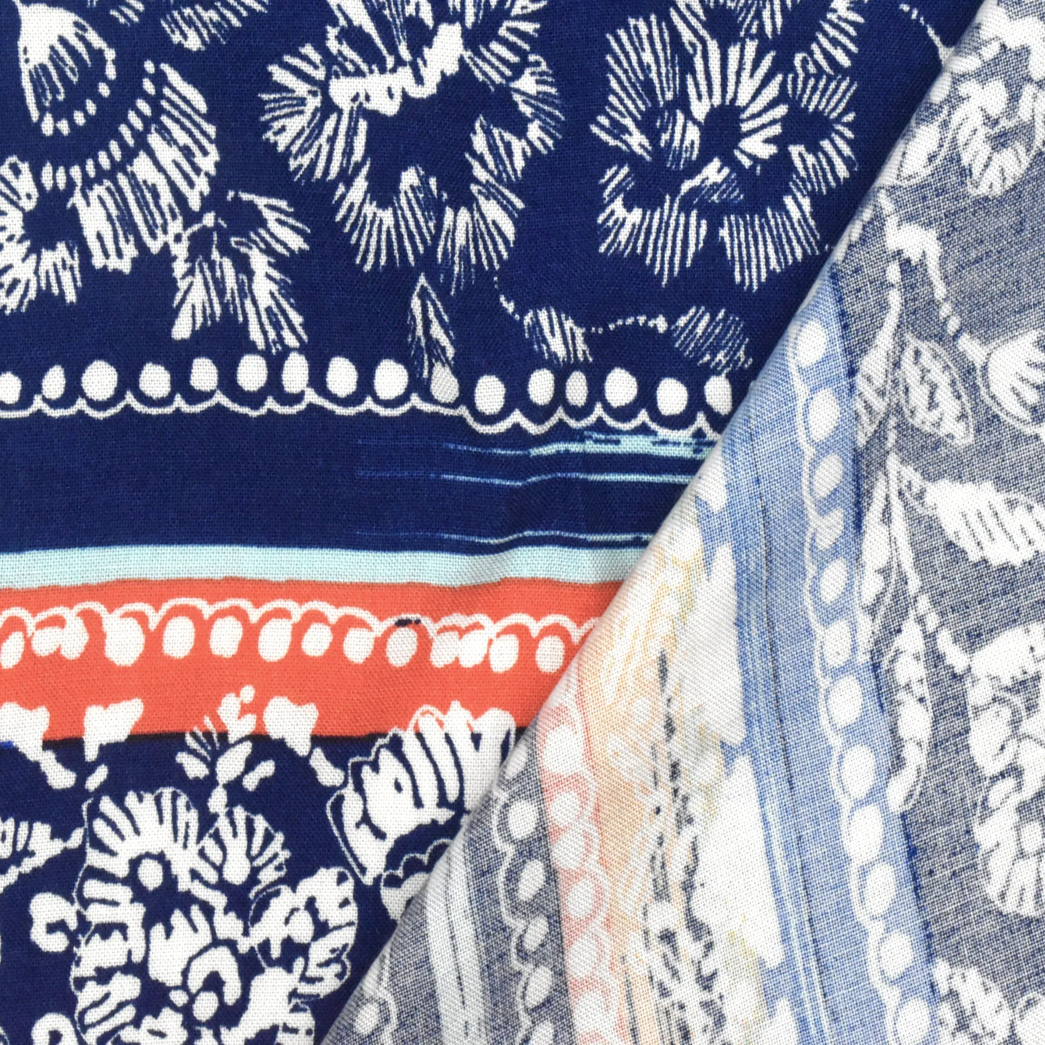 Dark Ink Blue-White-Multi Stripe Floral Printed Woven Fabric