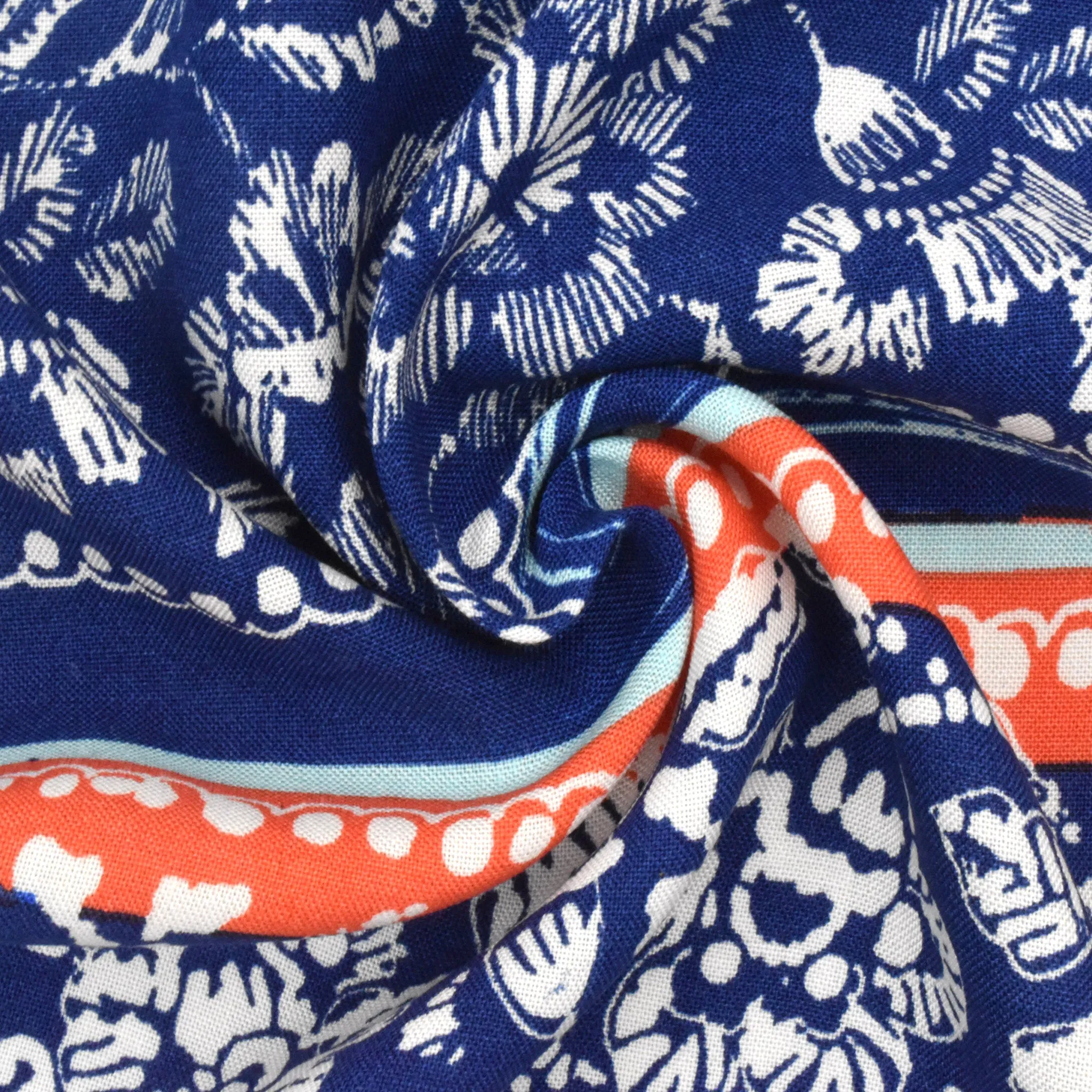 Dark Ink Blue-White-Multi Stripe Floral Printed Woven Fabric