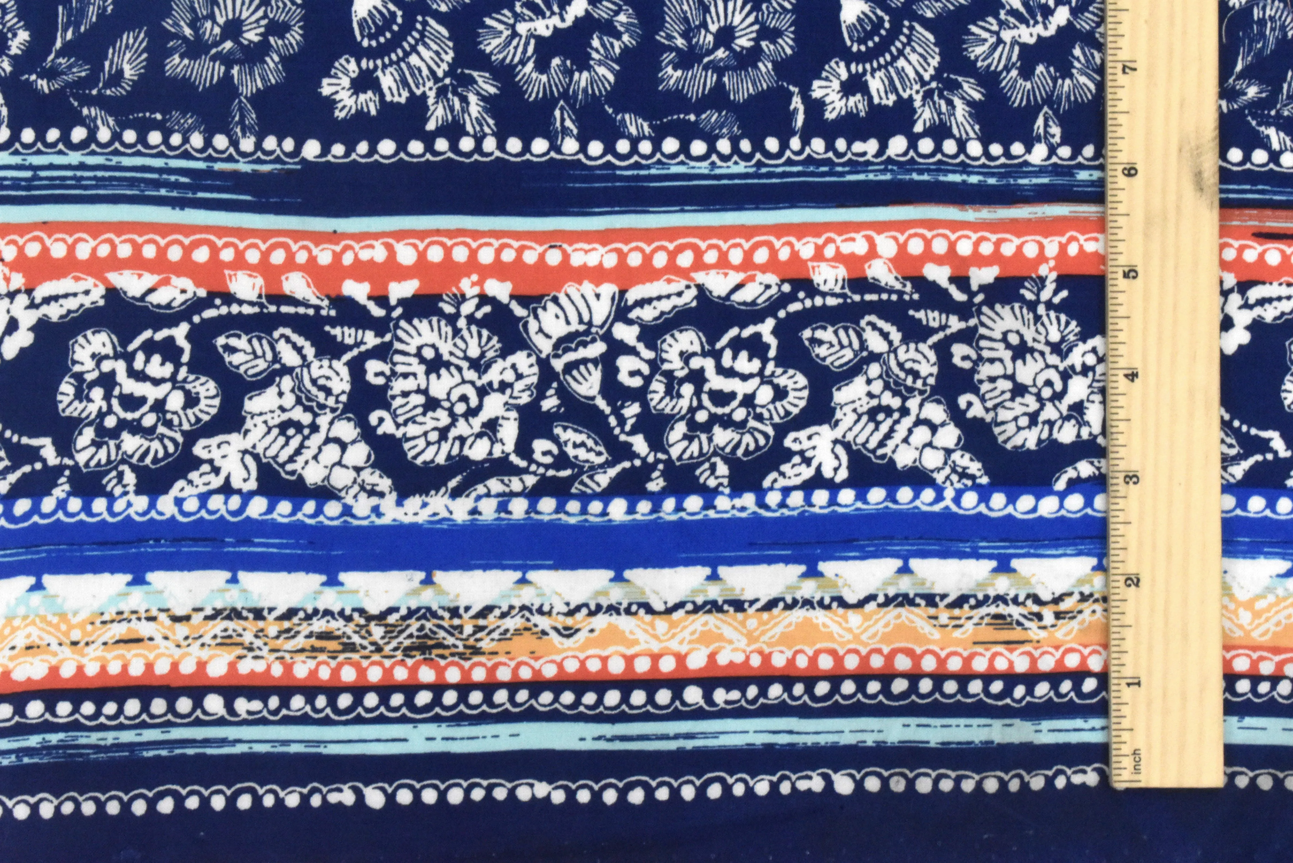 Dark Ink Blue-White-Multi Stripe Floral Printed Woven Fabric