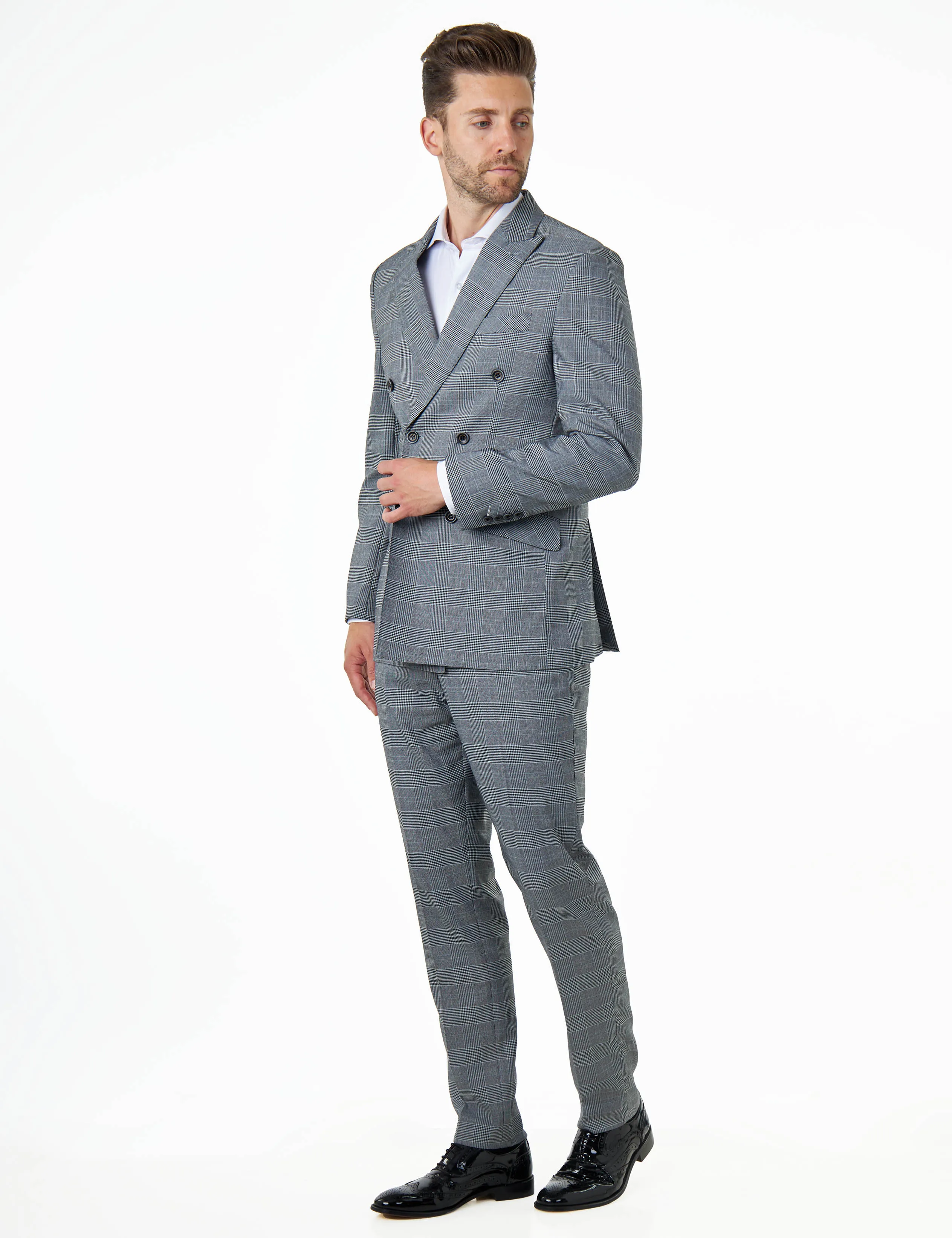 EKON - Grey Double Breasted Prince of Wales Check Suit