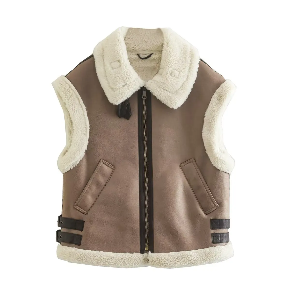 Fur Vest Women Faux Sheepskin Fur Waistcoat Chic Lady Faux Leather Fleece Warm Vest Woman Sleeveless Jacket Fall Winter