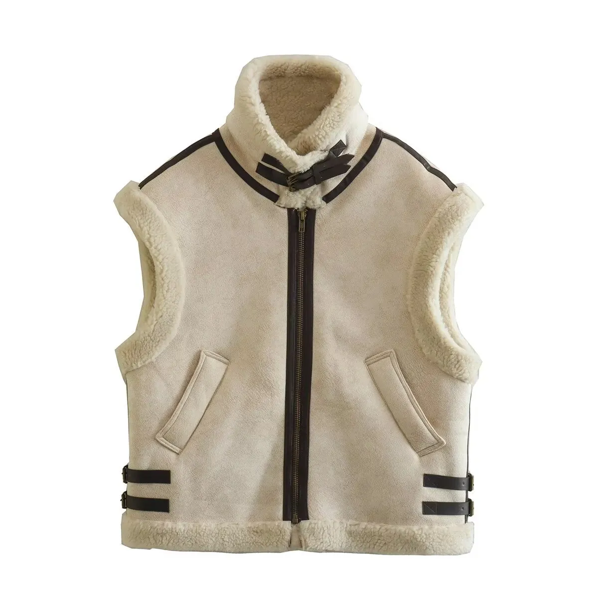 Fur Vest Women Faux Sheepskin Fur Waistcoat Chic Lady Faux Leather Fleece Warm Vest Woman Sleeveless Jacket Fall Winter