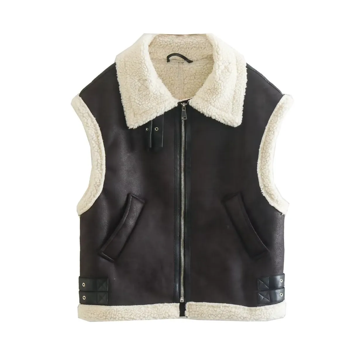 Fur Vest Women Faux Sheepskin Fur Waistcoat Chic Lady Faux Leather Fleece Warm Vest Woman Sleeveless Jacket Fall Winter