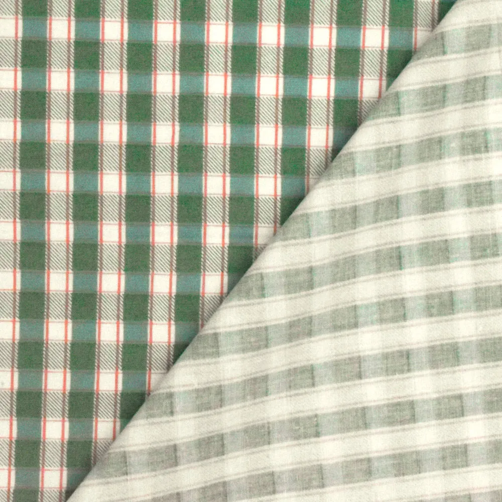 Green-Ivory-Multi Plaid Printed Stretch Cotton Broadcloth Woven Fabric