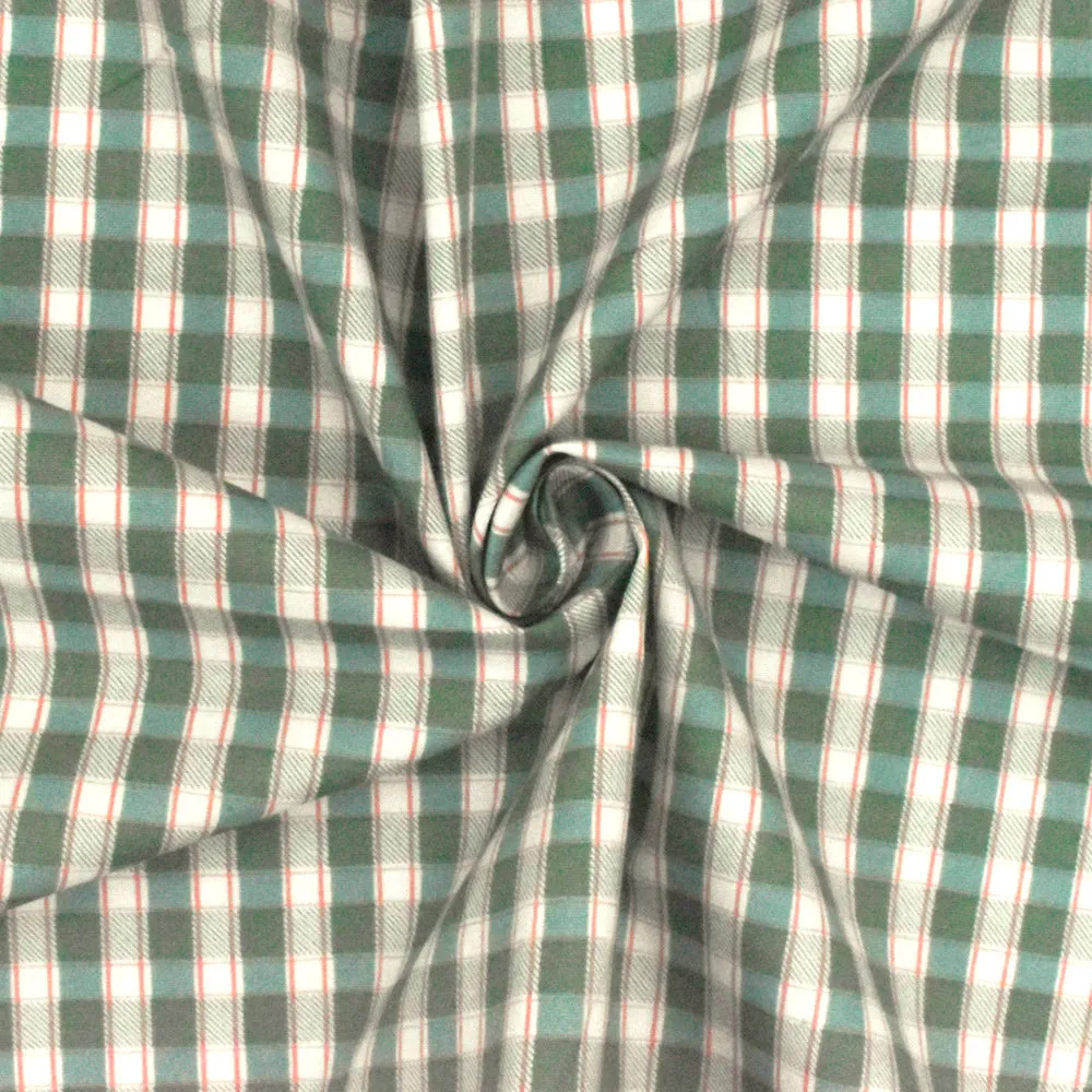 Green-Ivory-Multi Plaid Printed Stretch Cotton Broadcloth Woven Fabric