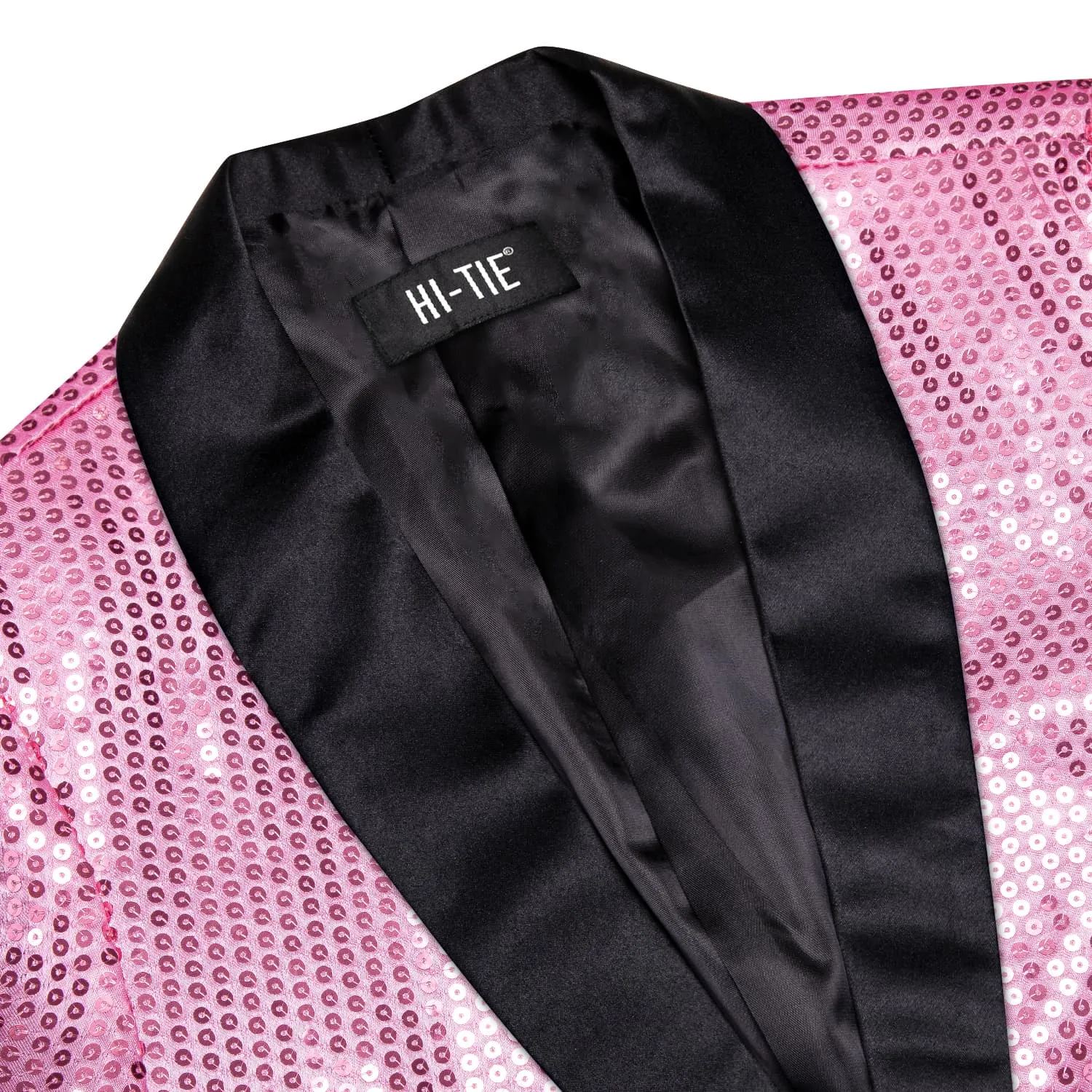 Hi-Tie Sequin Blazer Black Shawl Collar Pink Solid Suit Tie Set