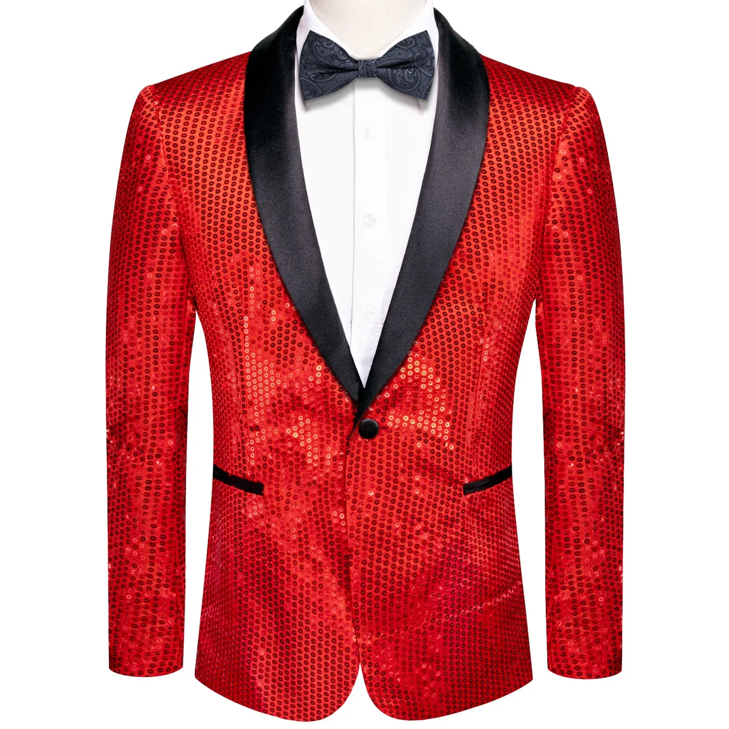 Hi-Tie Sequin Blazer Black Shawl Collar Red Solid Suit Tie Set