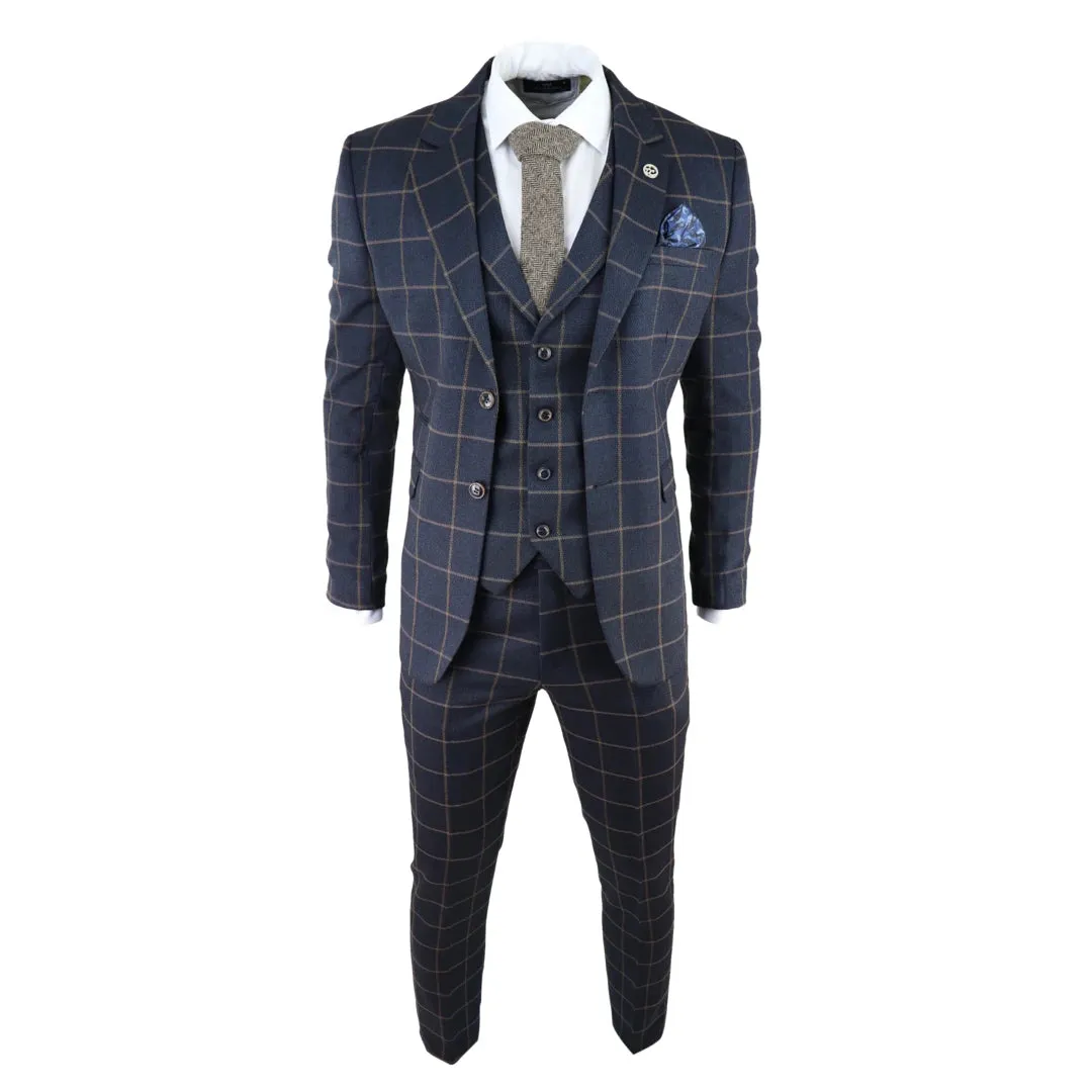 Kempson - Men's Herringbone Tweed Navy Check 3 Piece Wool Suit