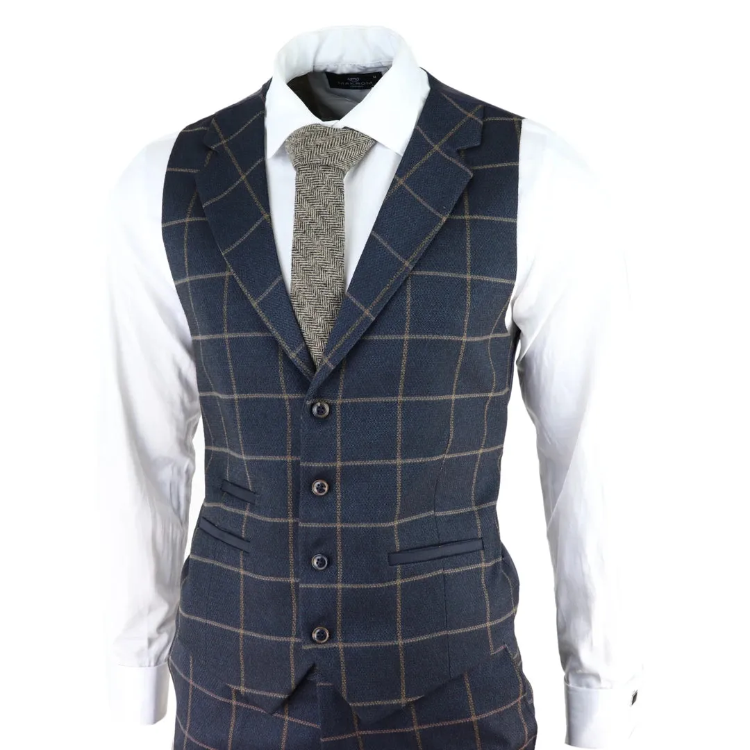 Kempson - Men's Herringbone Tweed Navy Check 3 Piece Wool Suit