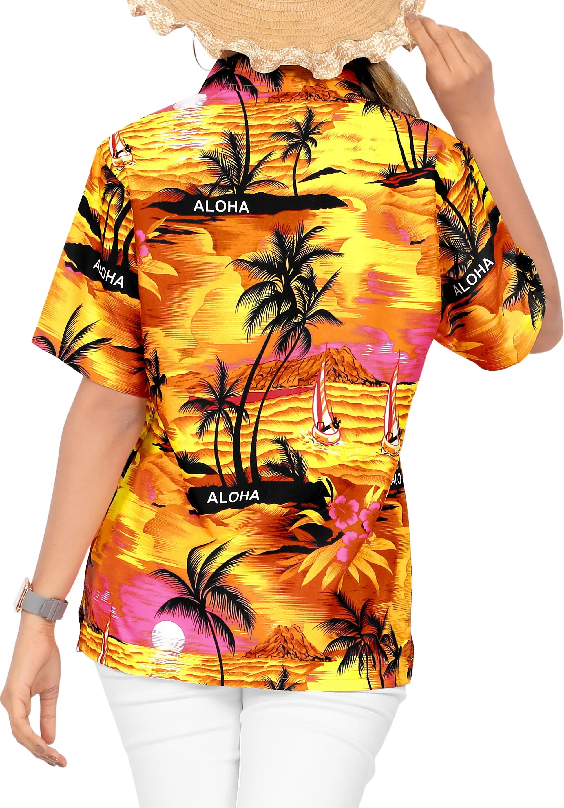 LA LEELA Women's Beach Casual Hawaiian Blouse Short Sleeve button Down Shirt Orange aloha