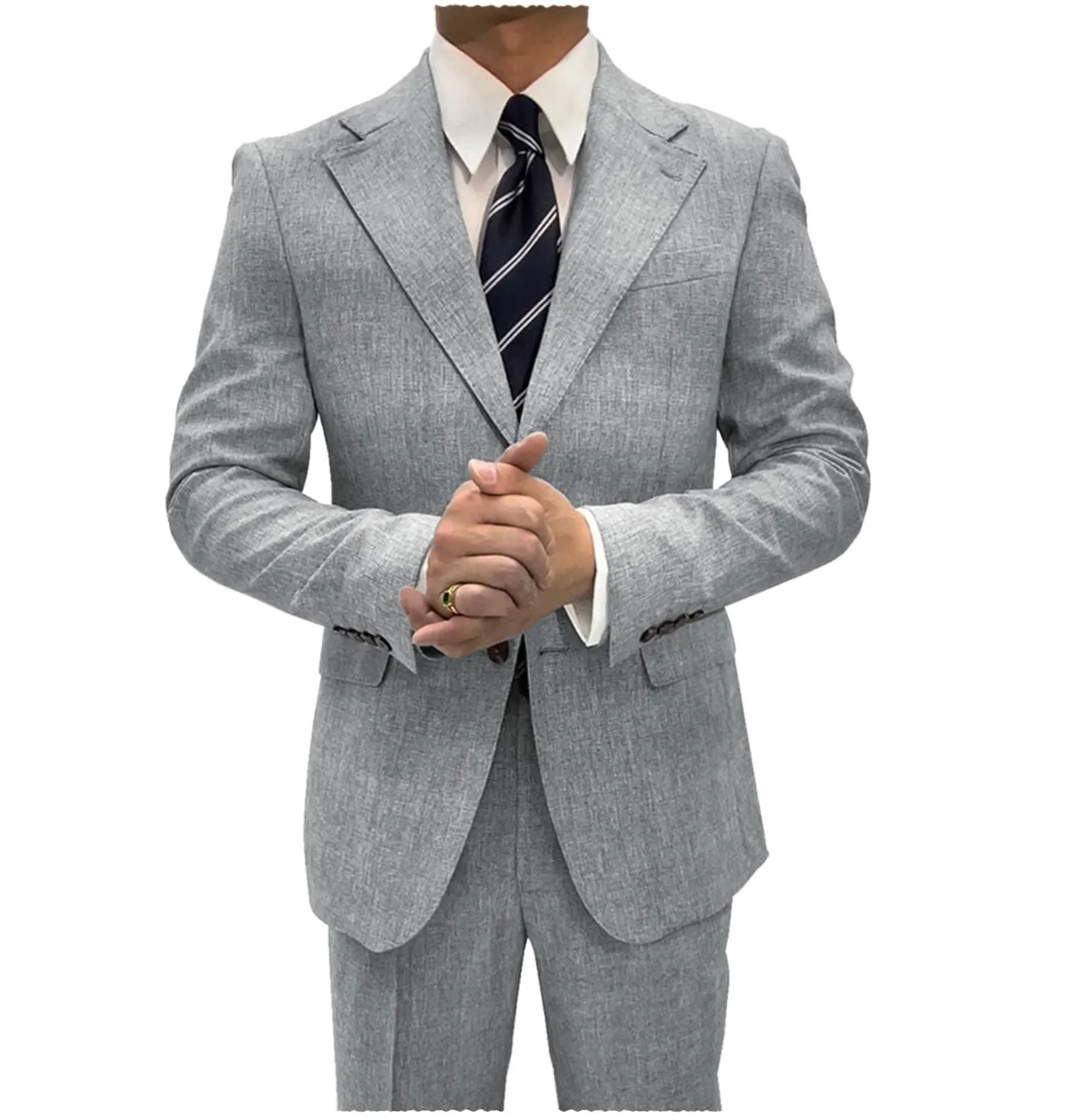 Linen Suits For Men Business  2 Piece Fit Casual Notch Lapel Summer Grooms (Blazer Pants)