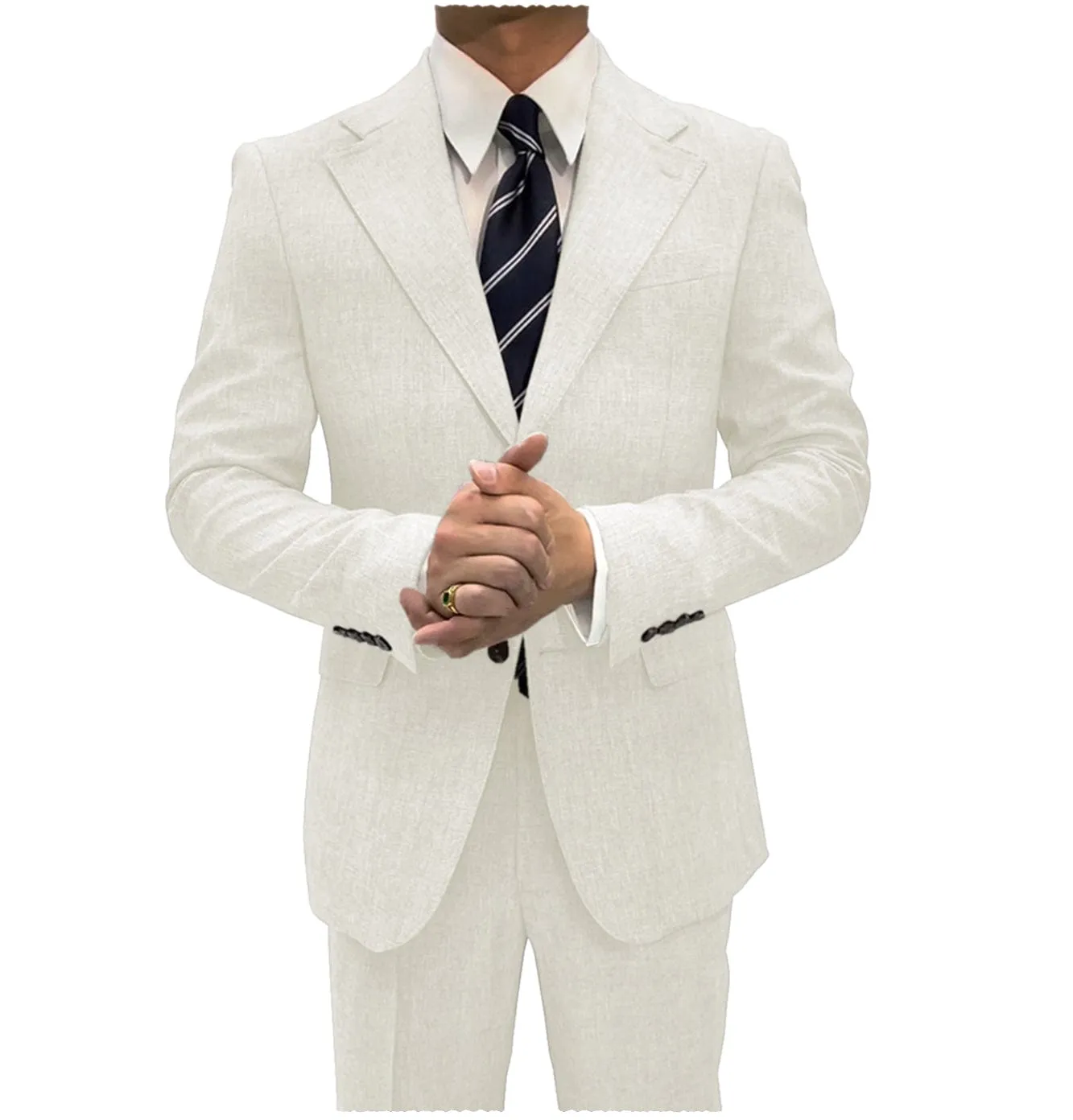 Linen Suits For Men Business  2 Piece Fit Casual Notch Lapel Summer Grooms (Blazer Pants)