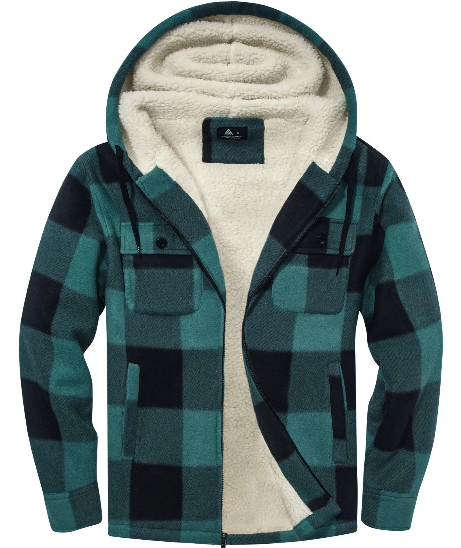 Men's Zip Up Sherpa Fleece Lined Plaid Hoodie-ZPK006044