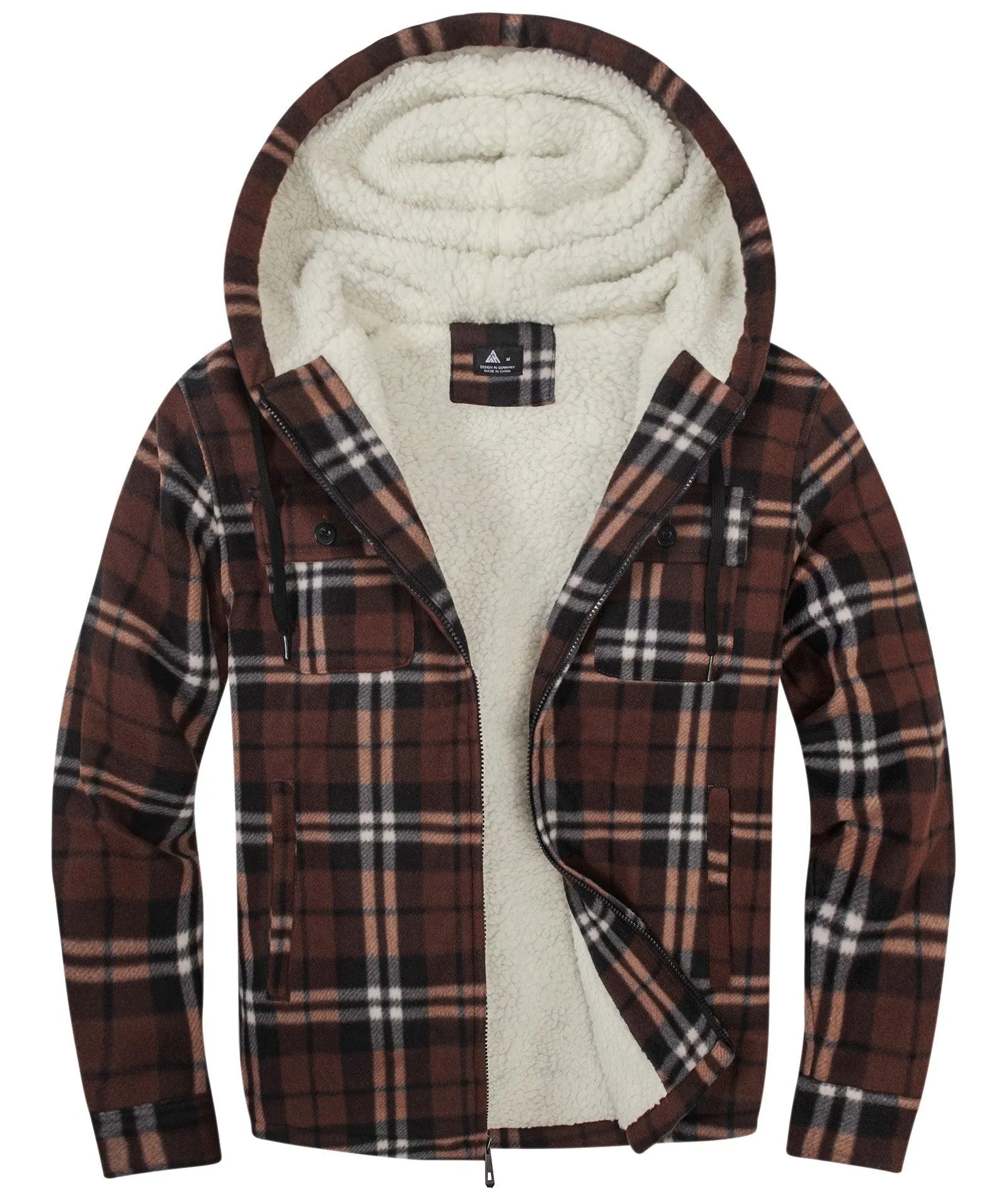 Men's Zip Up Sherpa Fleece Lined Plaid Hoodie-ZPK006044