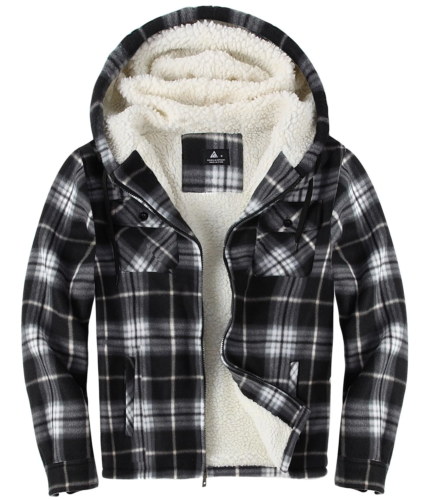 Men's Zip Up Sherpa Fleece Lined Plaid Hoodie-ZPK006044