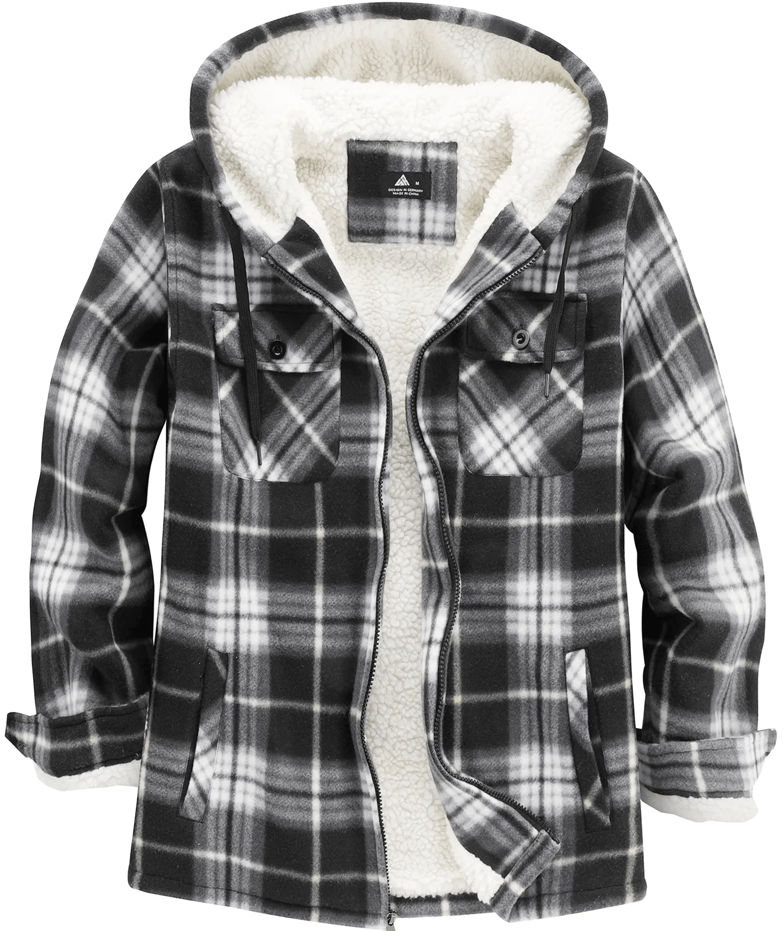 Men's Zip Up Sherpa Fleece Lined Plaid Hoodie-ZPK006044