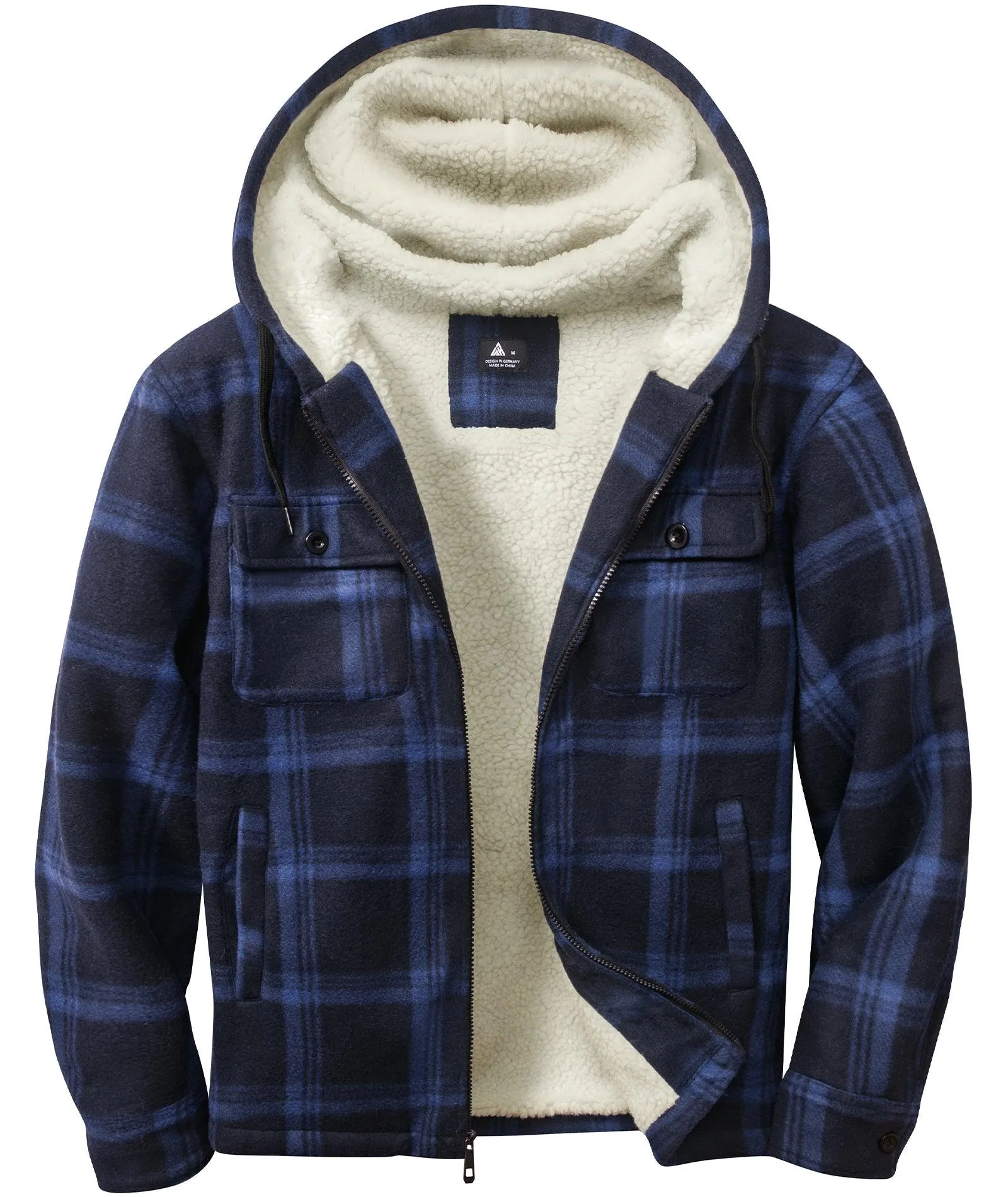 Men's Zip Up Sherpa Fleece Lined Plaid Hoodie-ZPK006044