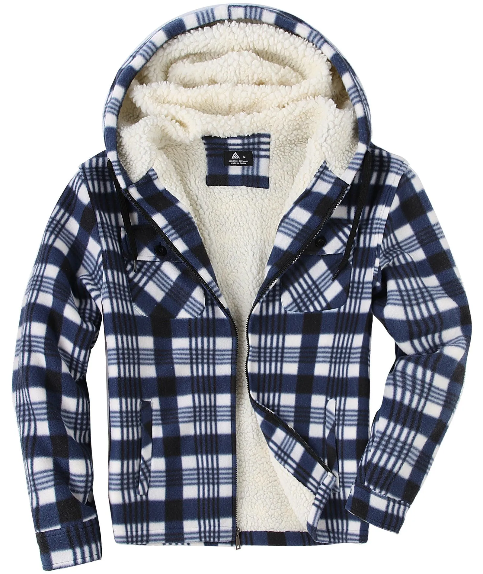 Men's Zip Up Sherpa Fleece Lined Plaid Hoodie-ZPK006044