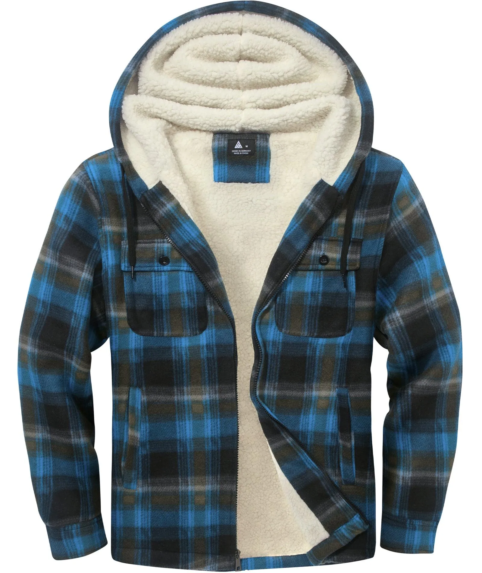 Men's Zip Up Sherpa Fleece Lined Plaid Hoodie-ZPK006044