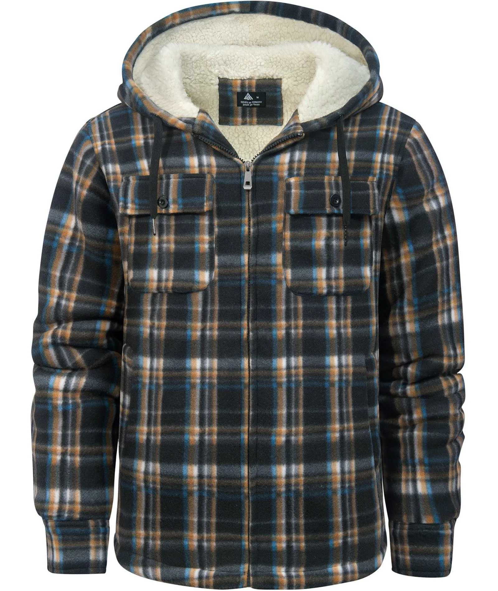 Men's Zip Up Sherpa Fleece Lined Plaid Hoodie-ZPK006044