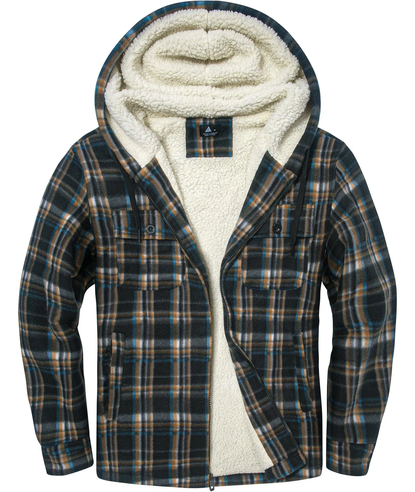 Men's Zip Up Sherpa Fleece Lined Plaid Hoodie-ZPK006044