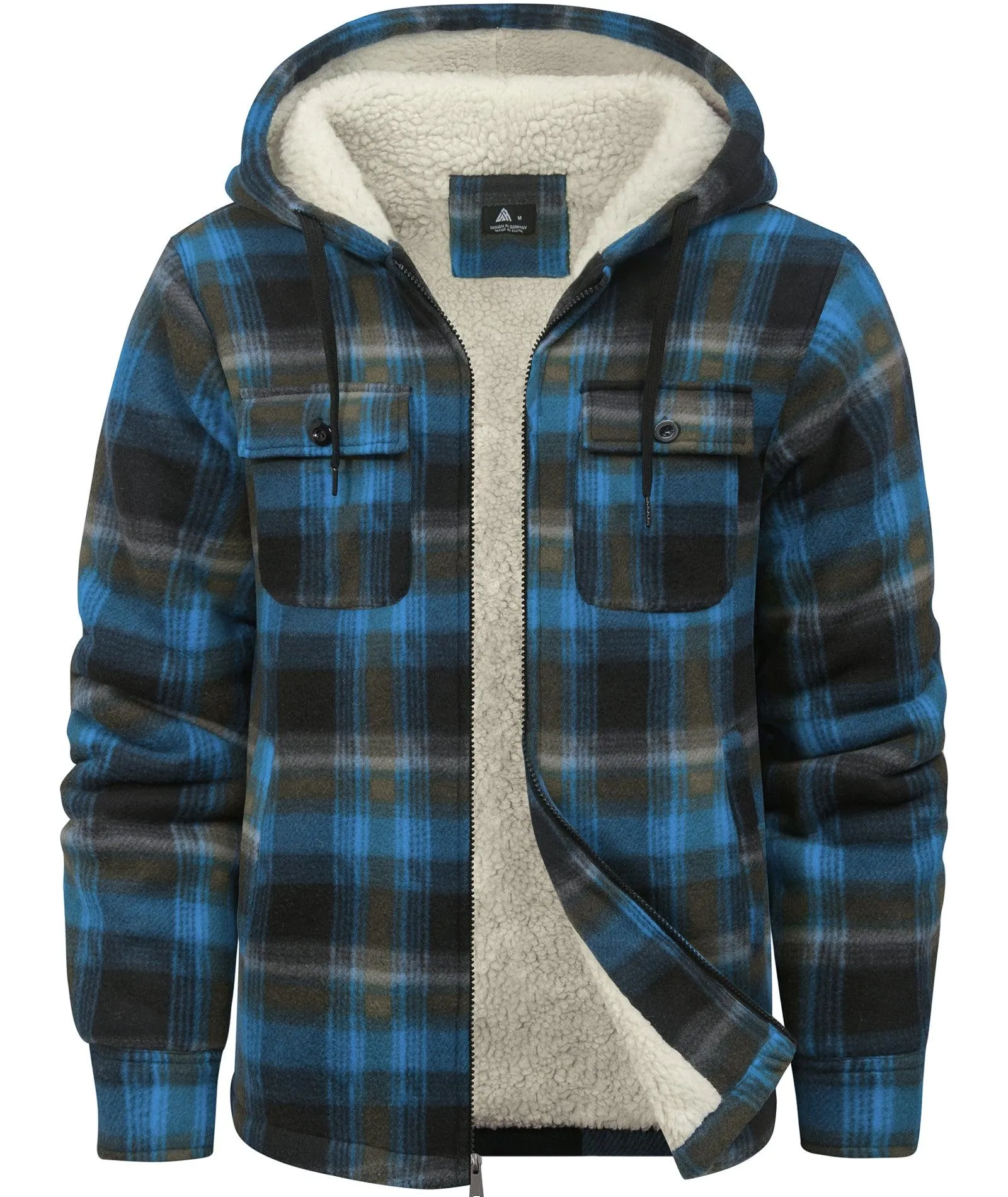 Men's Zip Up Sherpa Fleece Lined Plaid Hoodie-ZPK006044