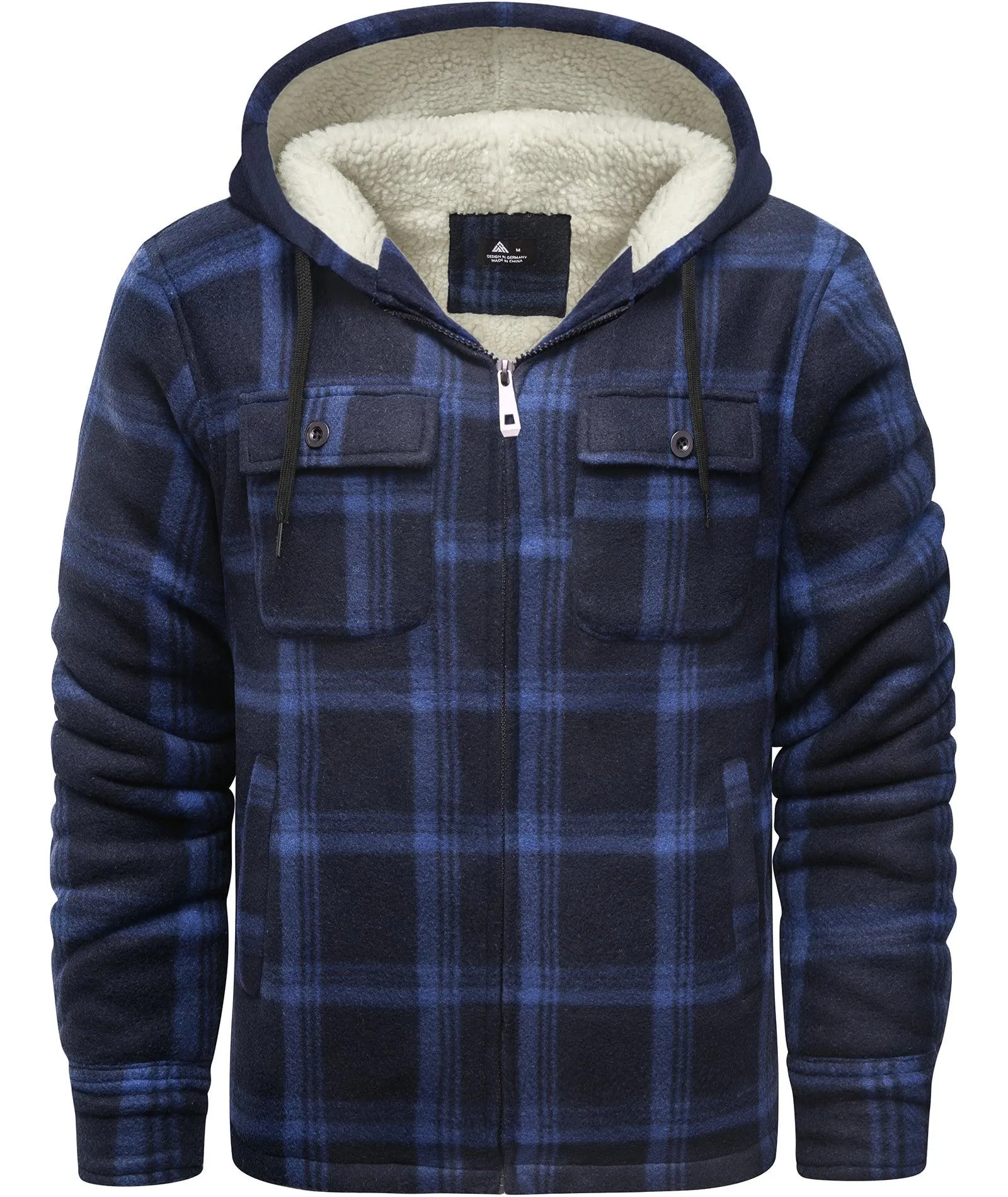 Men's Zip Up Sherpa Fleece Lined Plaid Hoodie-ZPK006044