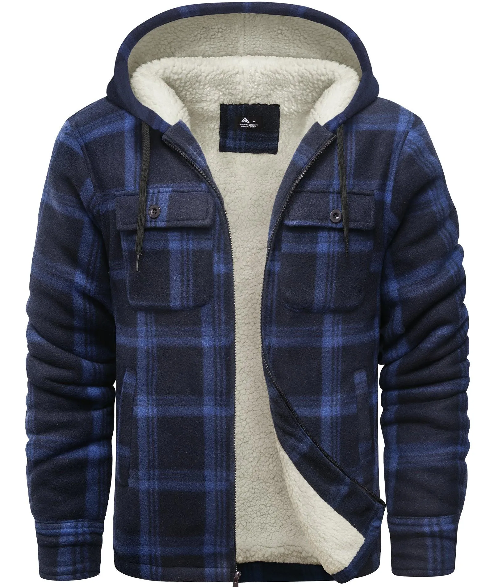 Men's Zip Up Sherpa Fleece Lined Plaid Hoodie-ZPK006044