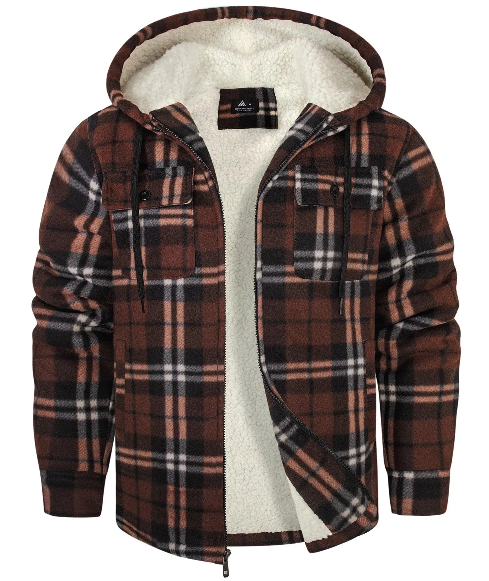 Men's Zip Up Sherpa Fleece Lined Plaid Hoodie-ZPK006044